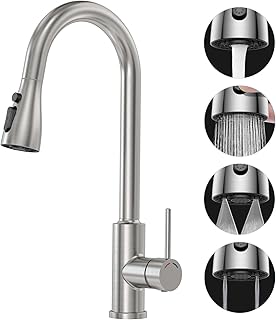 SREWOHS PRO Kitchen Sink Mixer Taps, Pull Out Hose,Brushed Stainless Steel,4 Spary Modes,360° Swivel,High Arc,Single Handle Faucet for 1 Hole Sink,Replacement Bar Tap,Ease of Install,Nickel