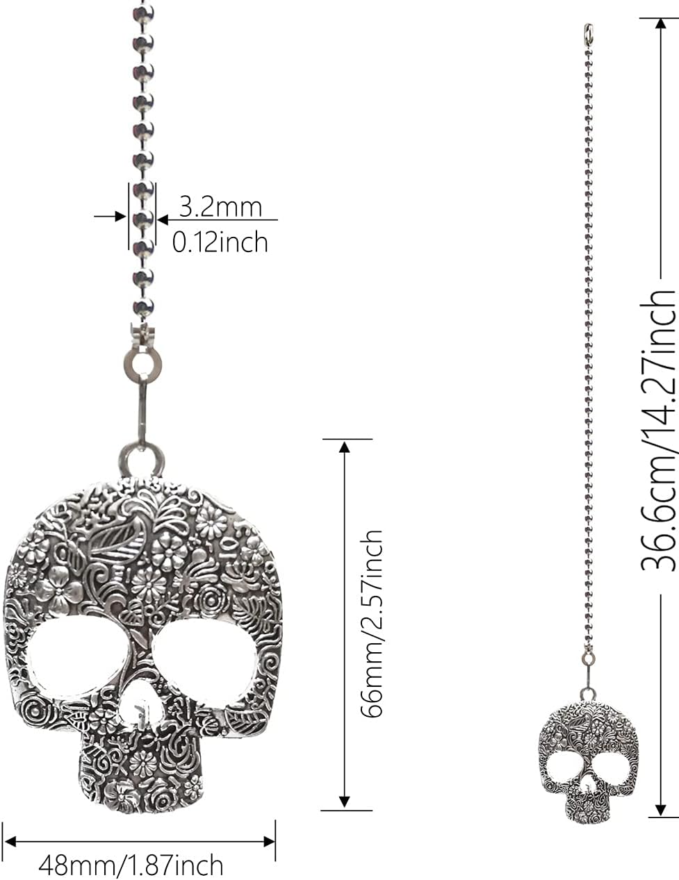 12 Inch Ceiling Fan Pull Chain with Vintage Skull Charm - Fan Pull Chain Extension, Pull Chains for Ceiling Fans and Lights with Connector(Silver)