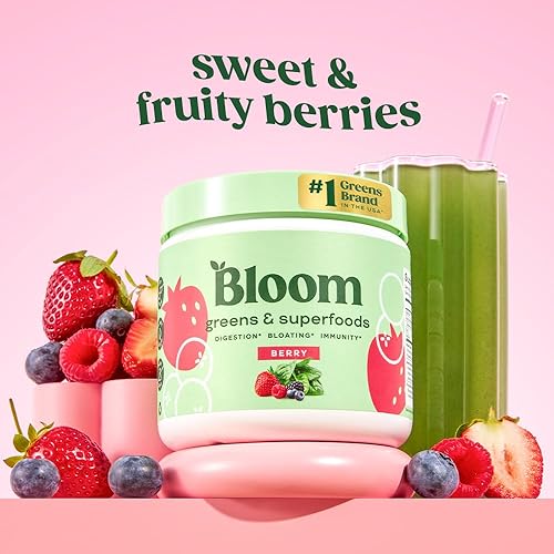 Miniatura 2 de Bloom Nutrition Superfood Greens en polvo, enzimas digestivas con probióticos y prebióticos, salud intestinal, alivio de la hinchazón, bayas +