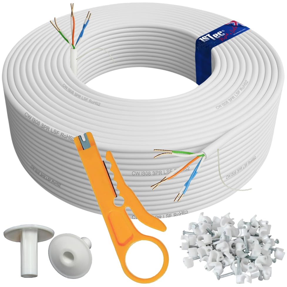 10m Genuine BT CW1308 6 Core 3 Twisted Pair Telephone Master or extension Socket FTTC Broadband Extension Wire with 2 Grommets IDC Insertion Tool 4mm Clips Printed Instructions 10 Metre White