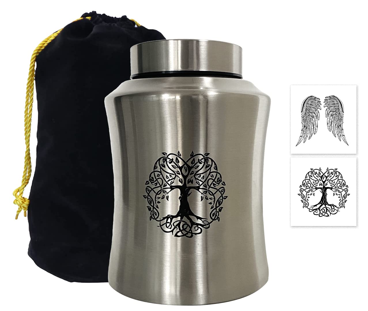 Yuernn Urns for Human Ashes Adult Male Female Burial or Memorial Keepsake Decorative Urns Cremation Urn | Angel Wings（Large） (Silver- Tree of Life)