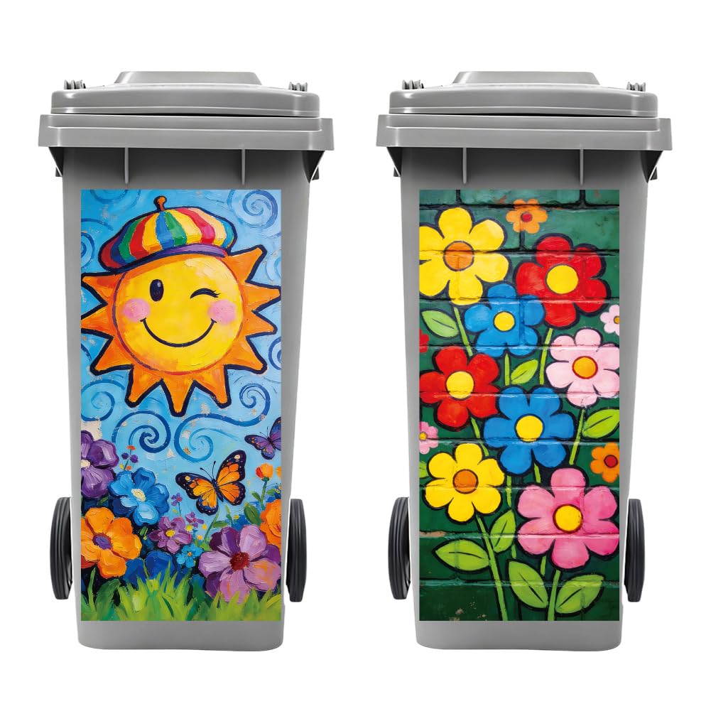 Peacoblue Wheelie Bin Stickers 2 Sheets Children Painting Style with Sun Sticky Dustbin Stickers Decals, 15"x 32" Waterproof Large Wraps for Bins, Fridge, Wall Outdoor Indoor, Home Decoration