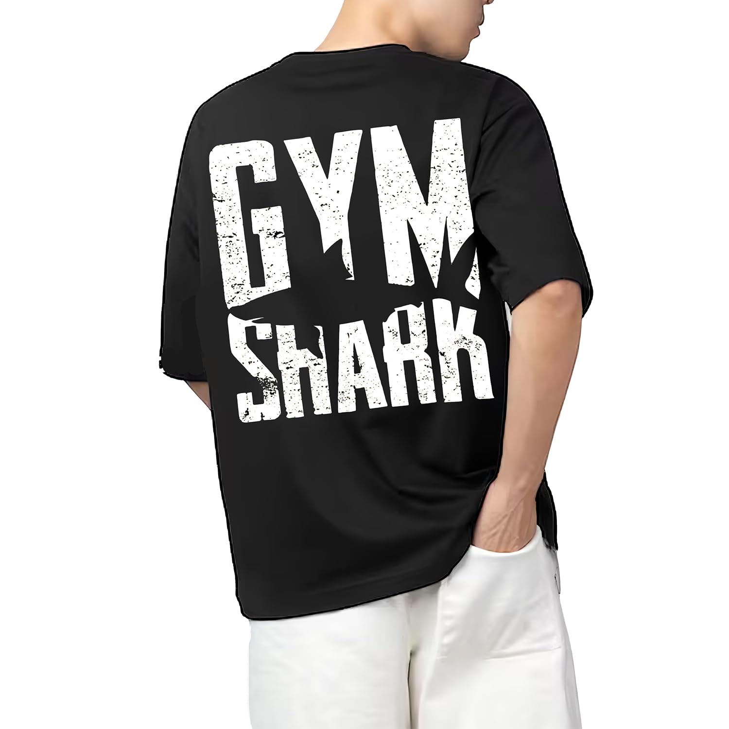 aroa Tshirt Gym Shark Model : 051 Men Cotton Printed Oversized/dropshoulder/Round Neck Black Tshirt for Men Women Unisex-picture-34