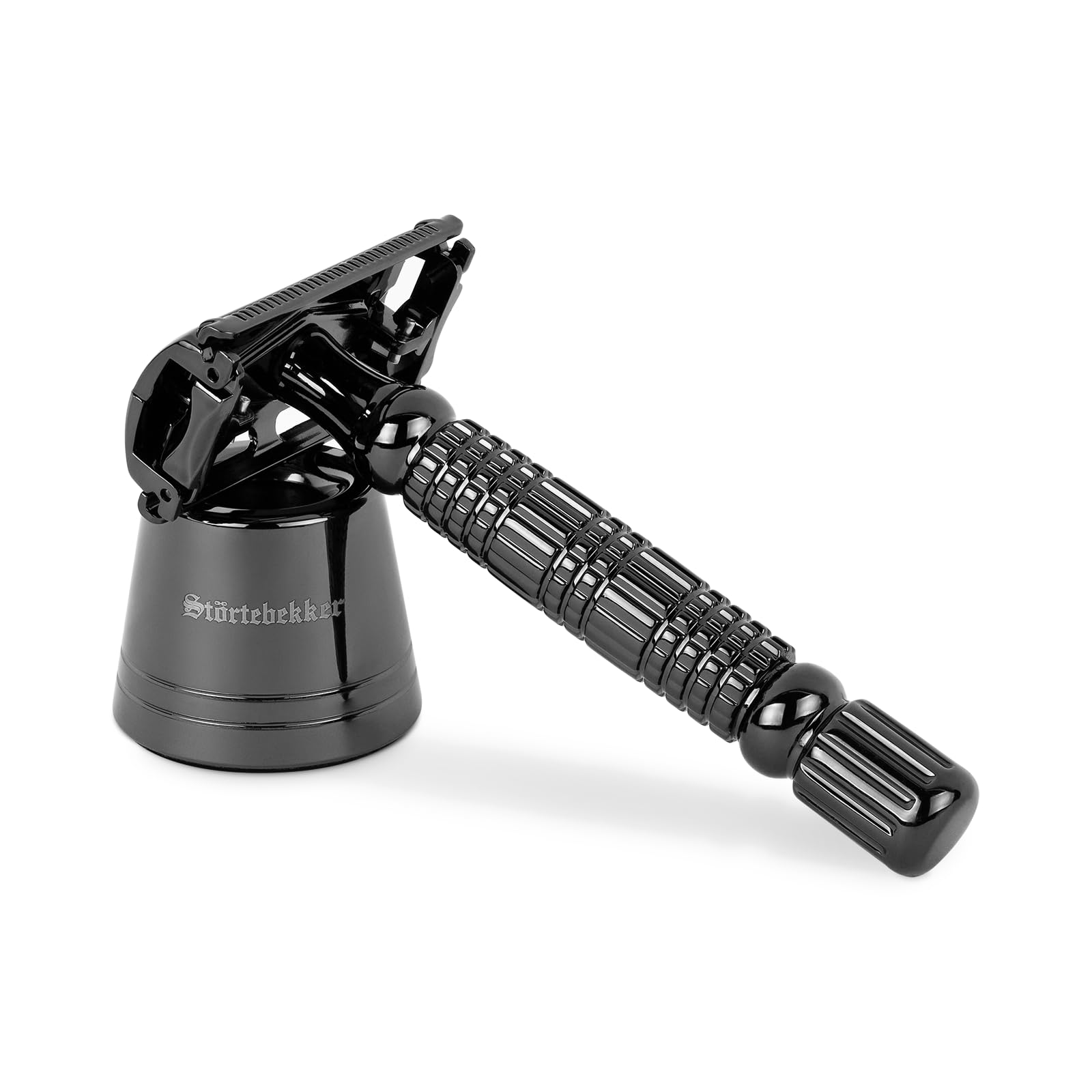 Störtebekker® - Juego de soporte de afeitar pequeño premium con maquinilla de afeitar Störtebekker – Accesorio de afeitado para tu cuarto de baño – Base antideslizante – Idea de regalo (Negro)