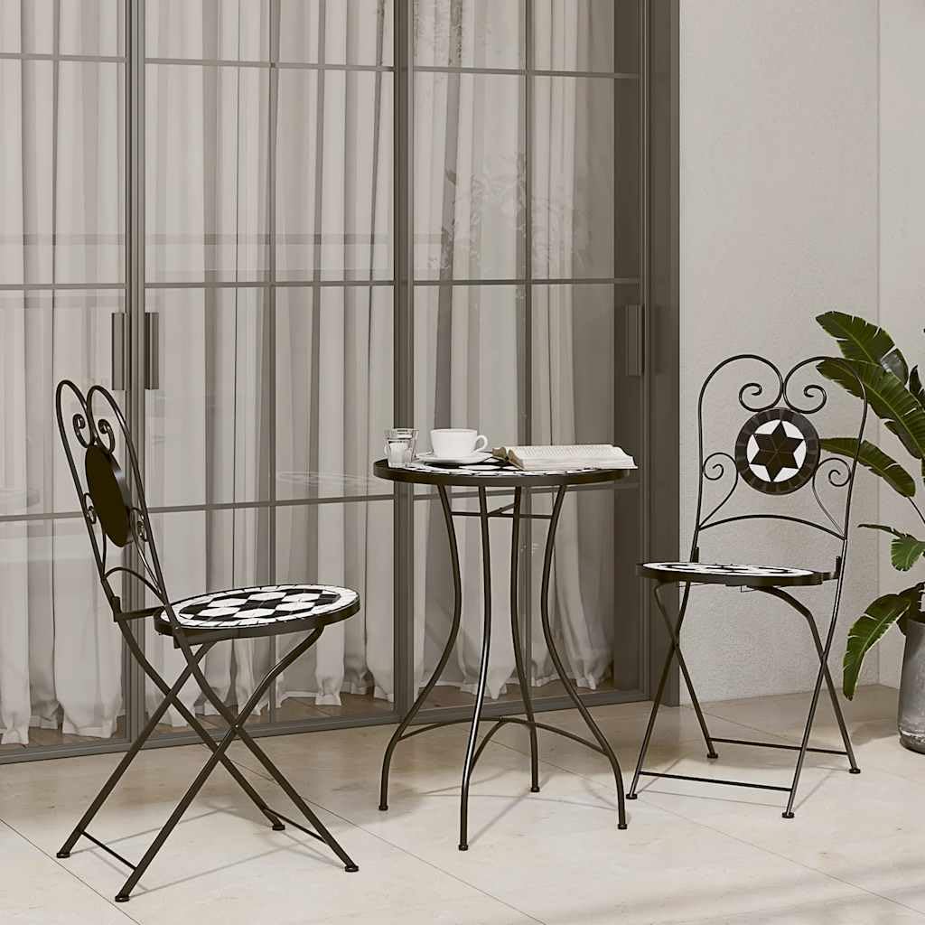 Zestaw bistro z mozaiką, czarno-biały, z blatem ceramicznym i malowaną proszkowo żelazną ramą 50 x 70 cm, 2 składane krzesła bistro 110 kg, nośność do ogrodu, na balkon, do użytku na zewnątrz