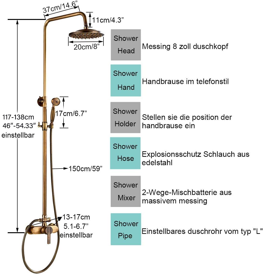 Rozin Antik Messing Duschsystem mit 8 Zoll Regendusche Duschkopf und Handbrause Einzelgriff Fertig an der Wand Montiert Retro Duschset