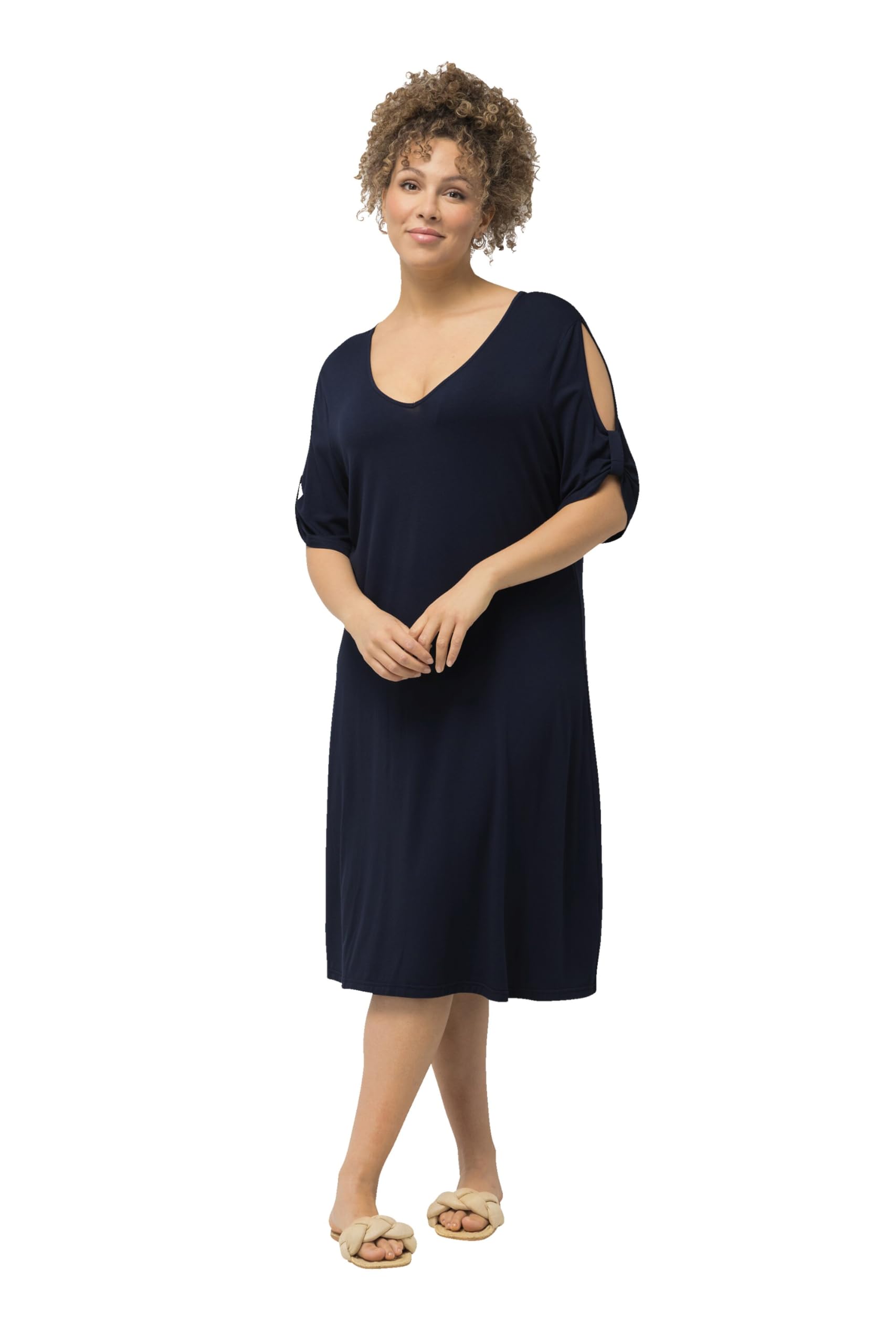 Ulla Popken Damen große Größen Übergrößen Plus Size Jersey-Strandkleid, V-Ausschnitt, Zierbänder, Halbarm 827247