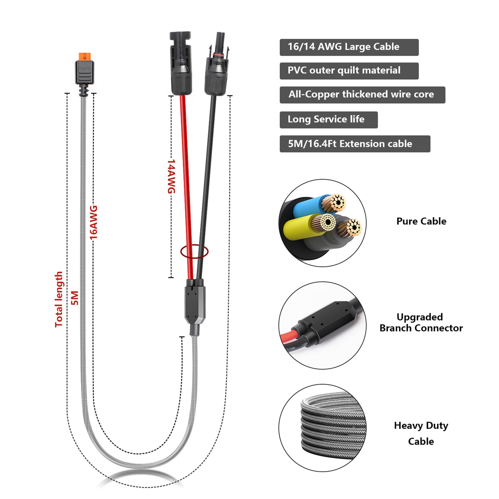 KFD Cable solar de 5 m con conector xt60i, cable de extensión XT60i, cable de carga solar para ancla Sólix F2000 C1000 C300 EcoFlow Delta/River 2 Bluetti portátil estación de alimentación 16 AWG