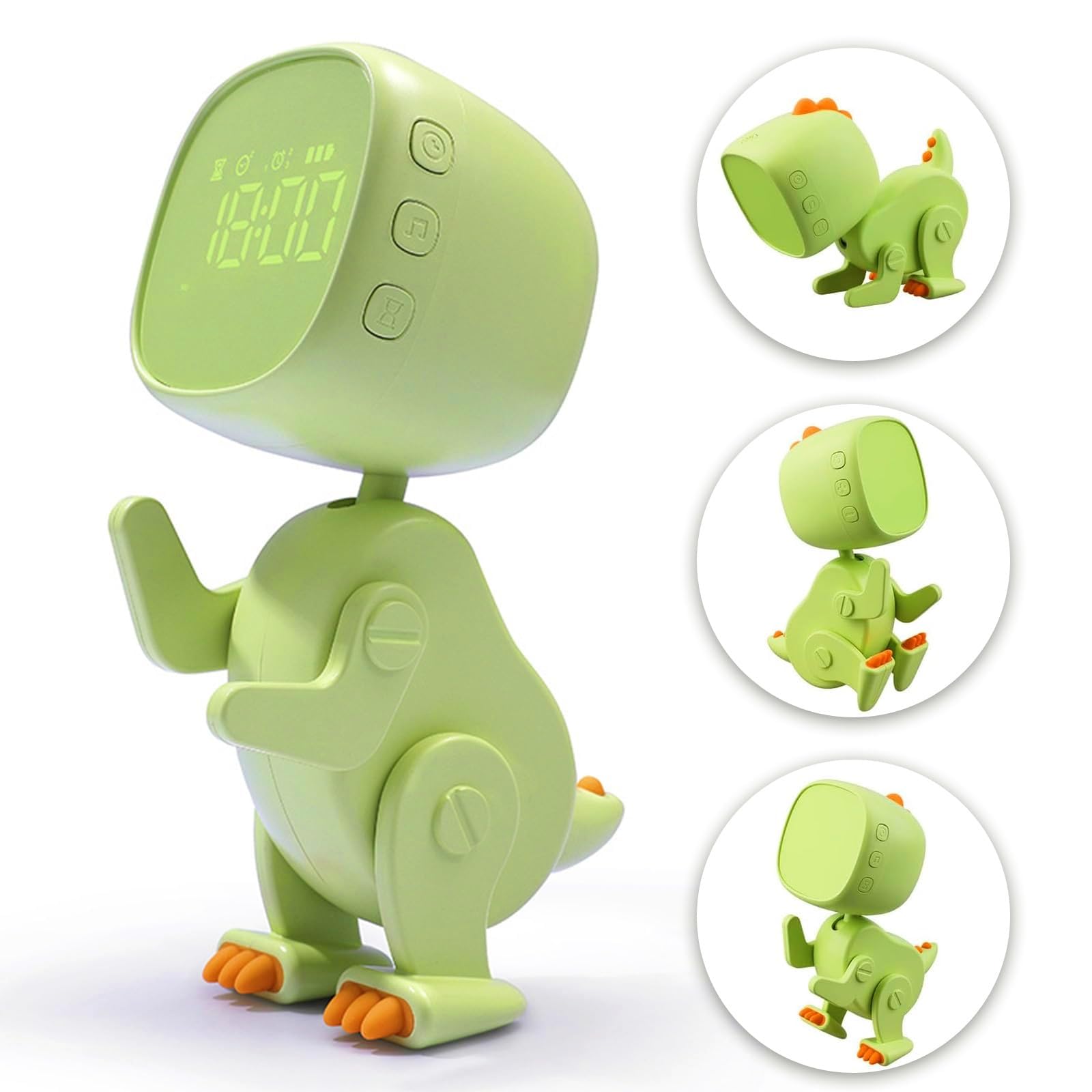 Reloj despertador digital para niños, luz nocturna de dinosaurio con 3 grupos de alarma, sonido y brillo regulable en carga USB, color verde