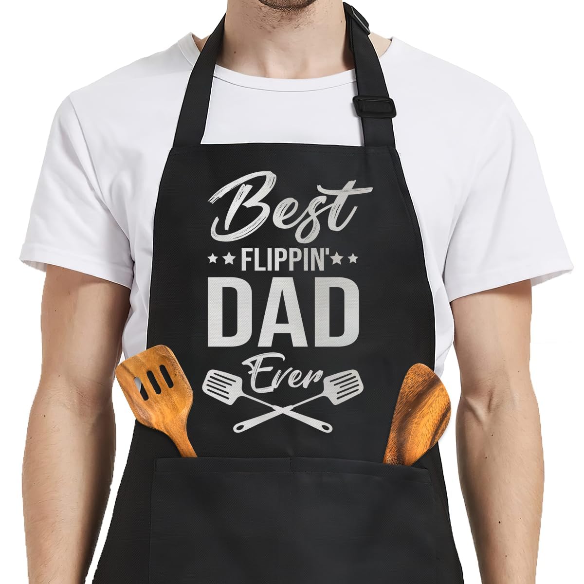 ALUNME Funny Black Cotton Apron for Men, BBQ Grill Cooking Gift for Dad, Husband, Father's Day (BEST FLIPPIN DAD EVER)