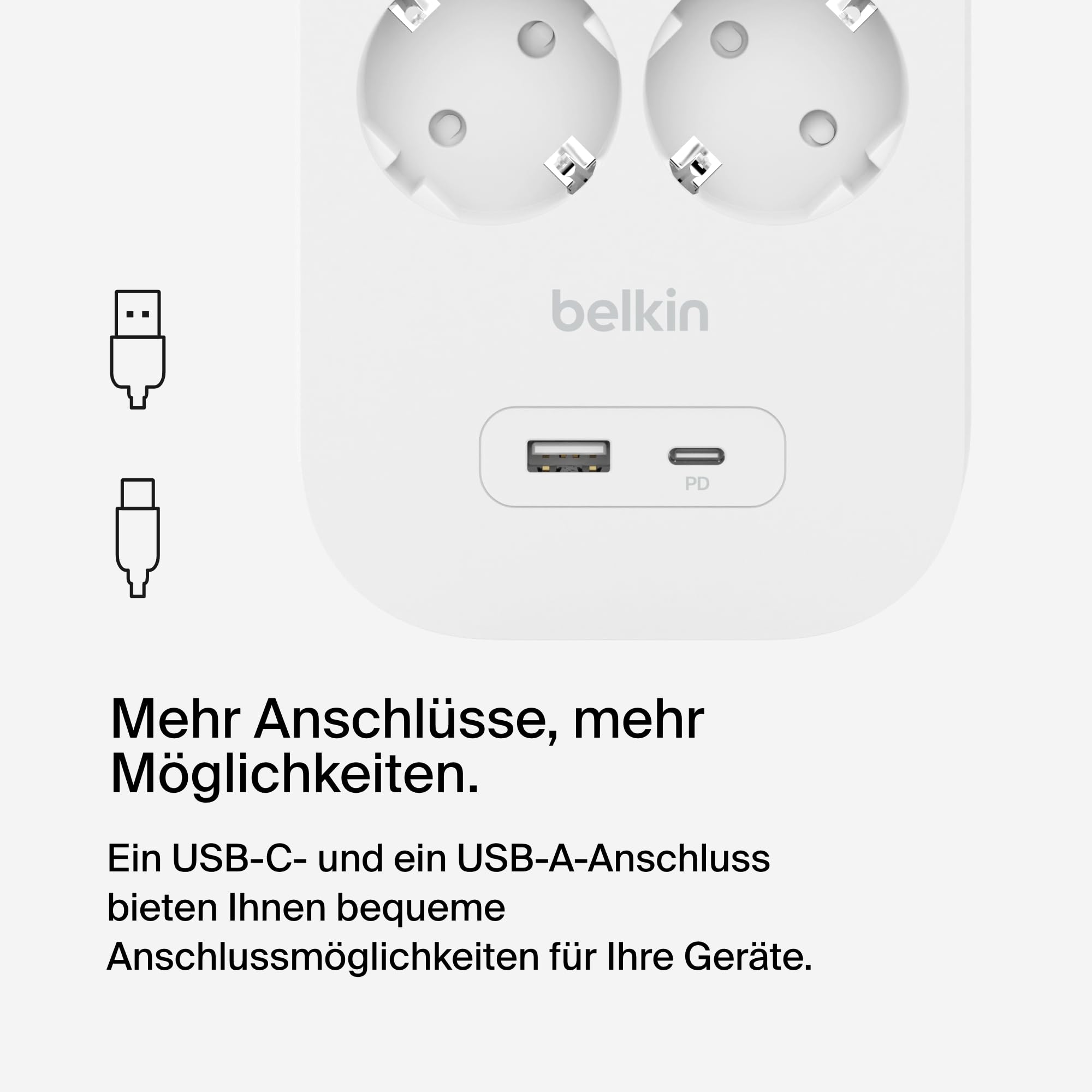 Belkin 6-Fach Steckdosenleiste, Überspannungsschutz, USB-C, USB-A, 2m-Kabel | Verlängerungskabel mit USB-C- + USB-A-Ports, Wandmontage, Mehrfachsteckdose 6fach, 2-m-Netzkabel, 650 J, Kontrollleuchte