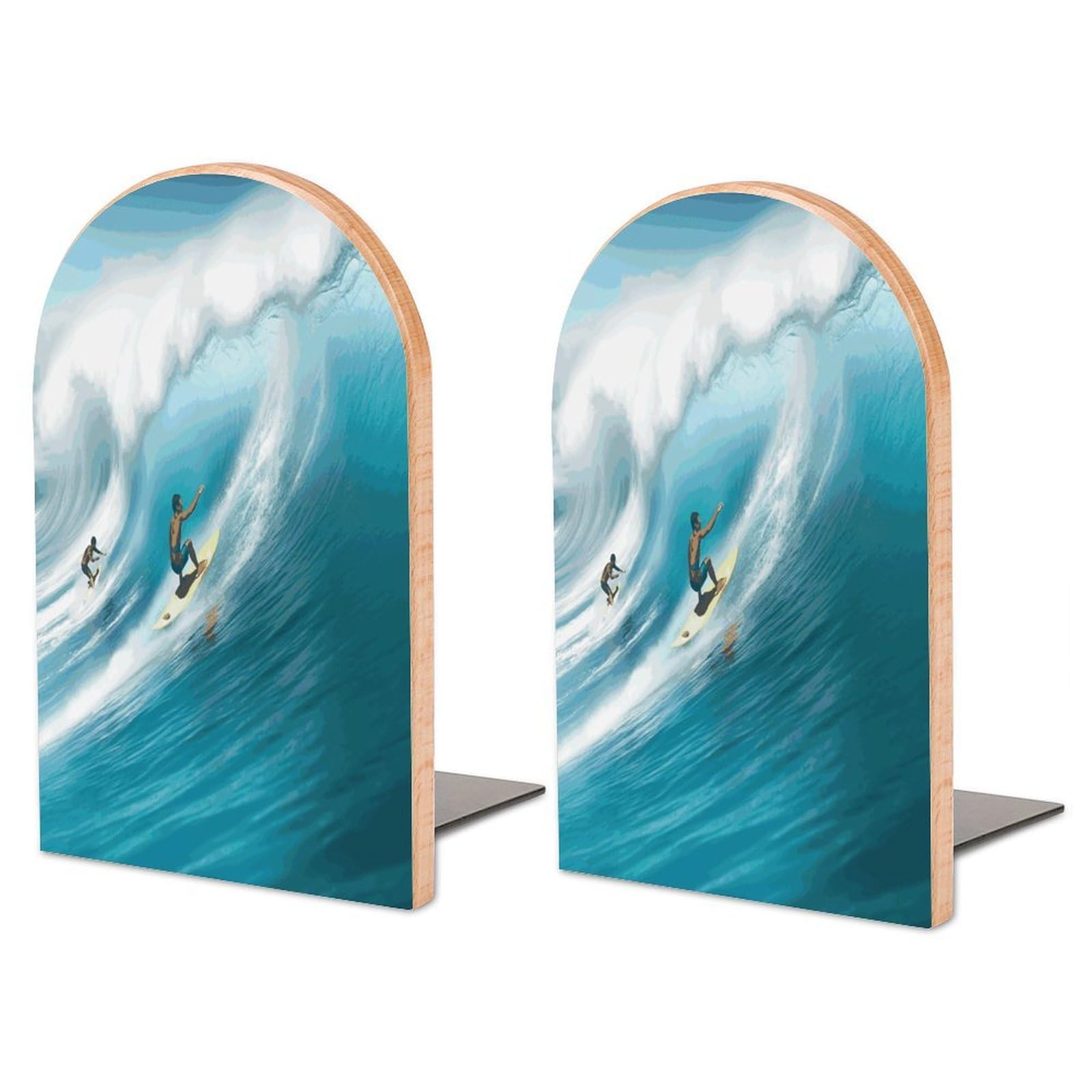 Large Surfing Book End with Metal Base Fashion Heavy Duty Bookend Exquisite Wooden Bookends Non-Skid Book Stopper for Shelves Books Organizer for Office Home 1 Pair