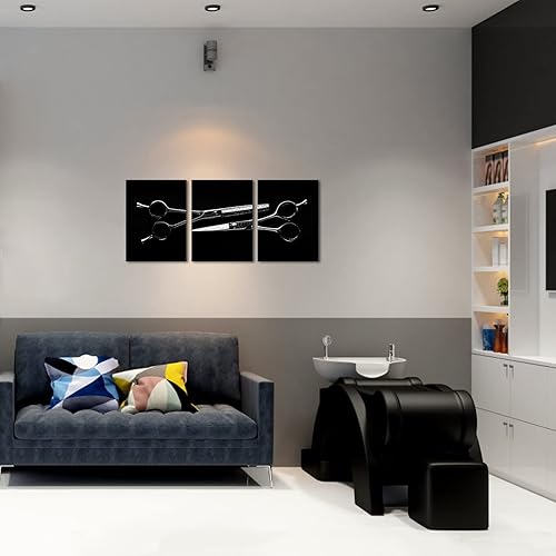 Miniatura 3 de Biuteawal Lienzo para el cabello, arte de pared, tijeras de peluquería, herramientas de corte de pelo, impresión de imagen en lienzo, 3 piezas,