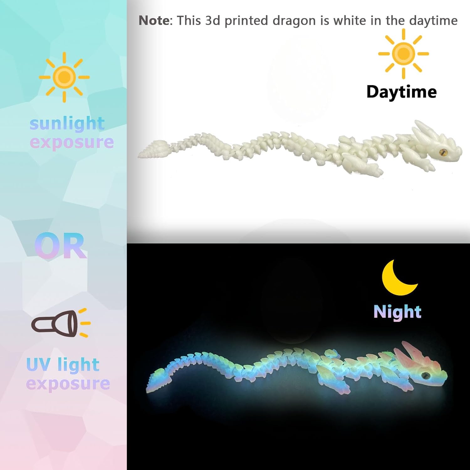 UXBSTM 12in Flexible 3D Printed Dragon with Eyes, Articulated Fidget 3D Printed Animals, Stress Relief 3D Printed Toy for Anxiety & ADHD, Unique Home Office Décor,Easter Basket Essentials