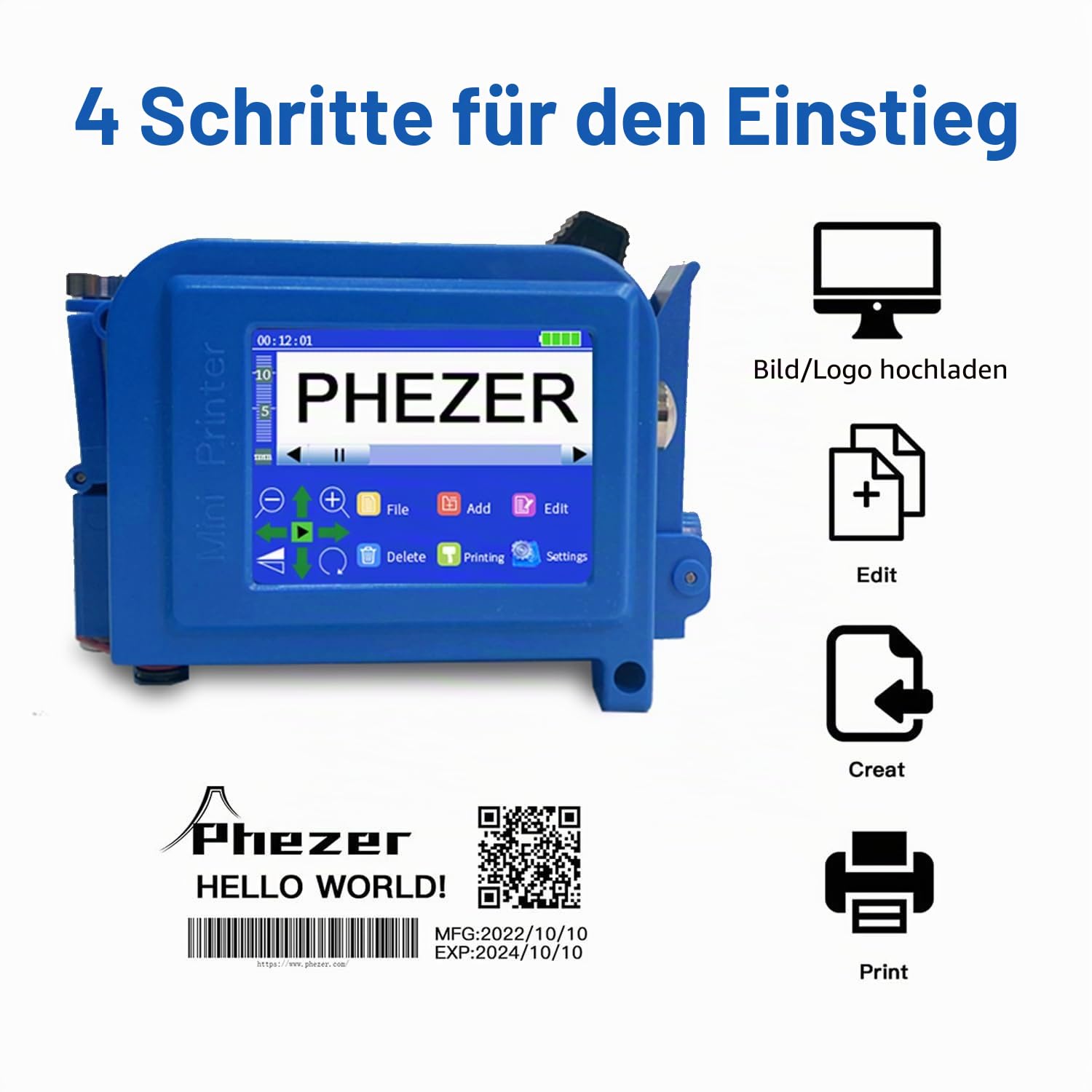 Phezer Upgraded Mini Inkjet Printer for Flat and Curved Surface PC11 Plus, 25 Languages & Quick-Drying Ink Cartridge, Portable Pocket Marking Device for Date Time Barcode Logo Qrcode Batch Number