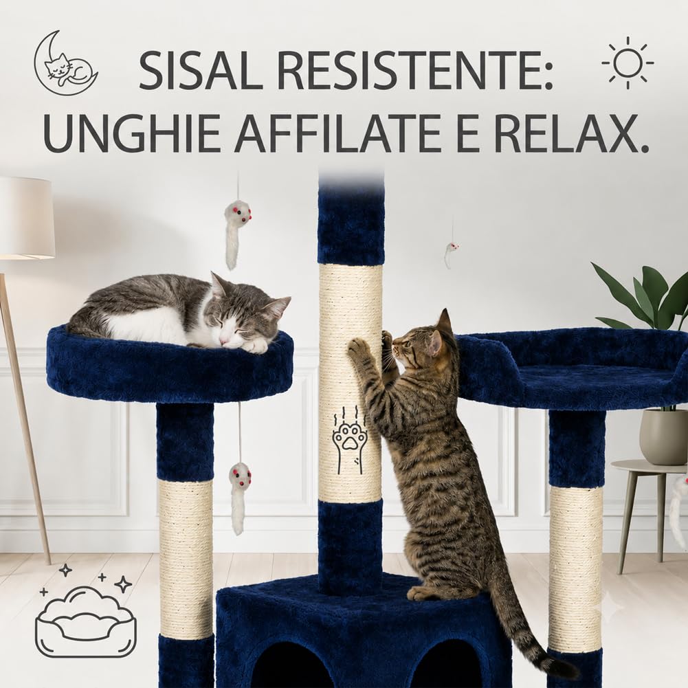 Bakaji Rascador para Gatos Árbol para Gatos Sisal Parque Giochi Caseta Gato Tira arañazos uñas Alto 170 cm, Torre de Escalada para Gatos Estable de Varios Niveles (Azul)