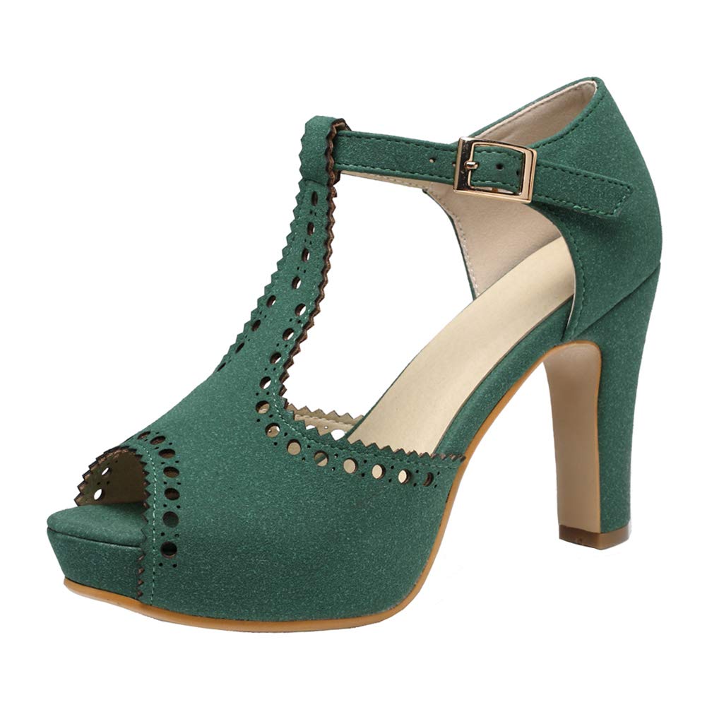 getmorebeauty Women's Vintage Heeled Sandals Suede Ankle T Straps Dress Block High Heel Sandals Women Shoes