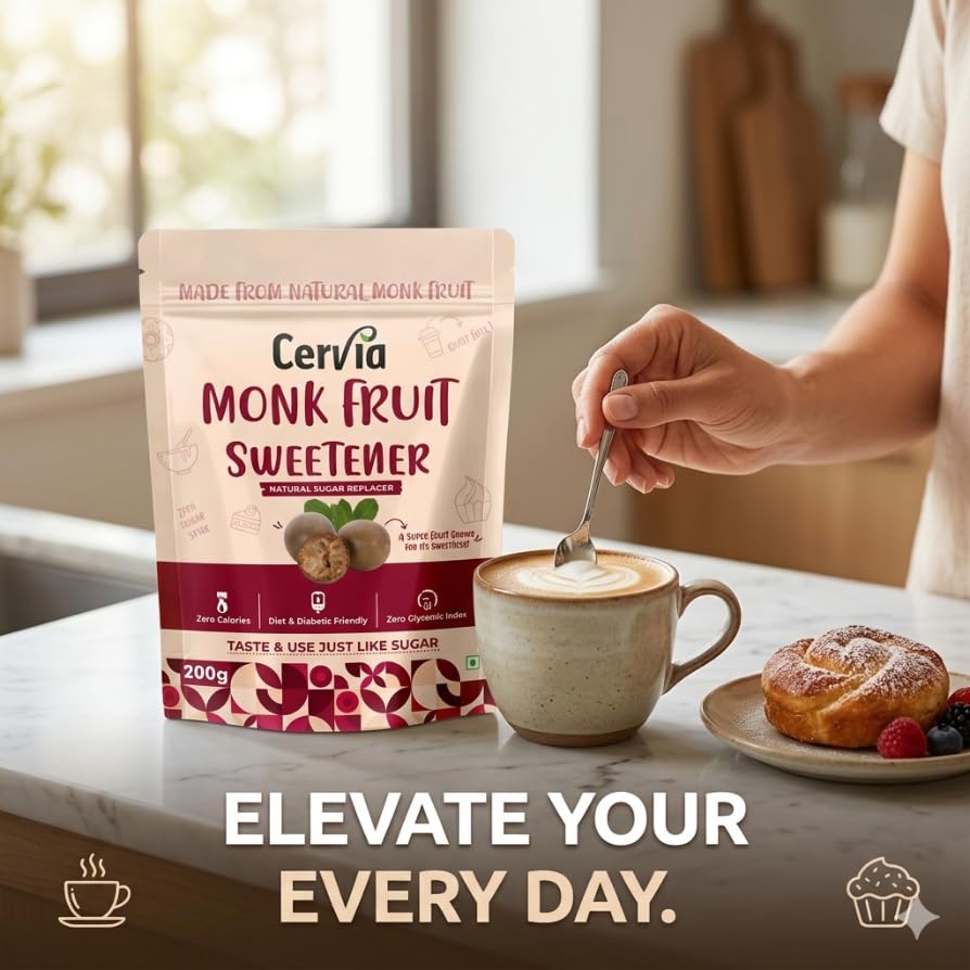 Image of Cervia Monk Fruit Natural Sweetener 200g | 100% Natural Sugar Replacement | Zero Calories | Zero Glycemic Index | No Blood Sugar Spike | Diabetic & Keto Friendly | No Bitter Aftertaste | For Tea, Coffee & Cooking (200)