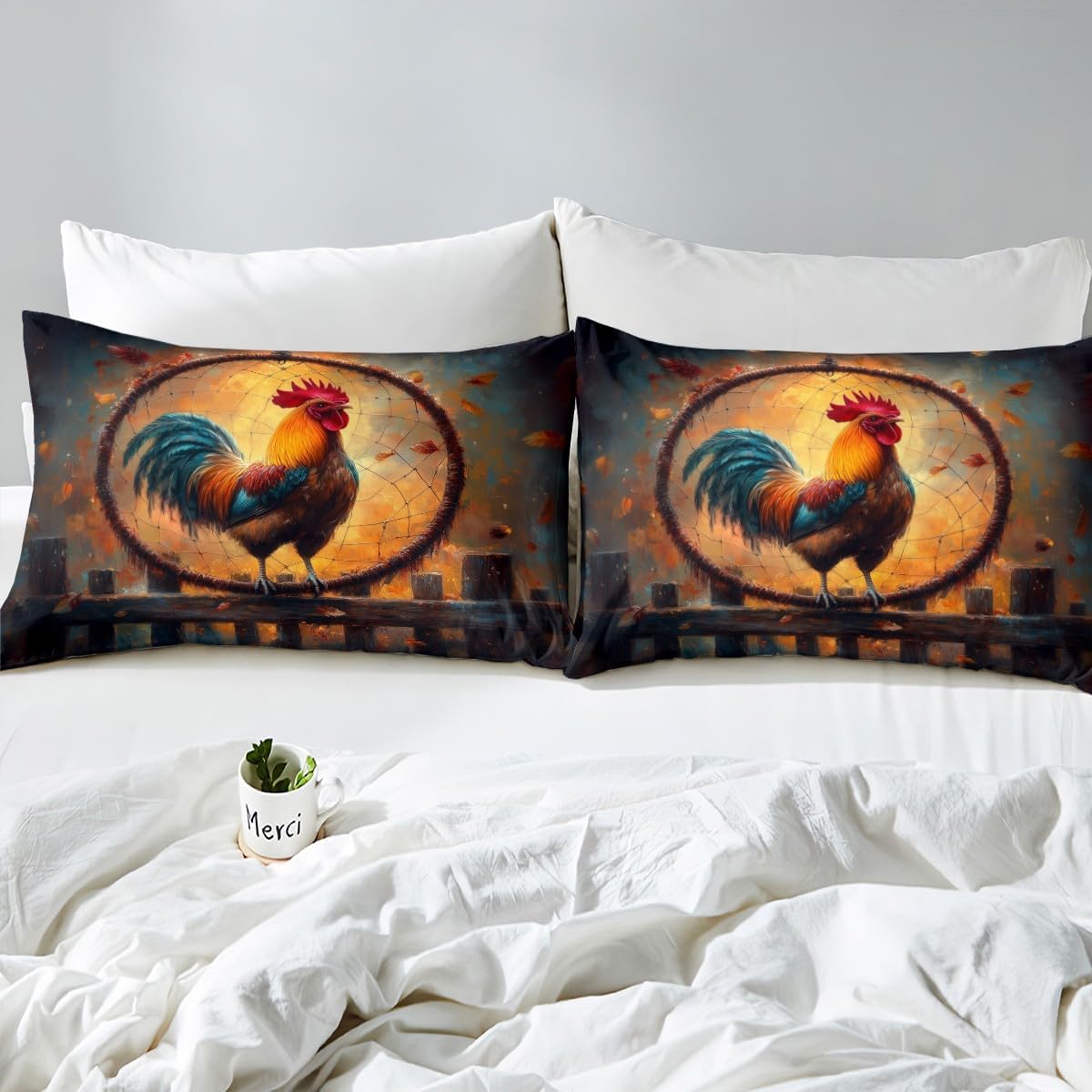 Erosebridal Rooster Duvet Cover Set Dreamcatcher Queen Bedding Sets,Boho Feather Comforter Cover Farm Animals Bed Set,Exotic Bohemian Decor