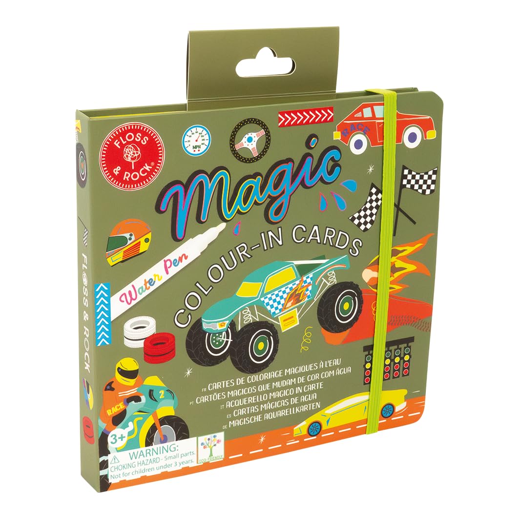 Floss & Rock - Magic Colour Changing Water Cards - Cars Theme, 10 Reusable Cards and Water Pen - Mess Free Colouring Set for Age 3+, FSC Certified, Printed with Soy Inks