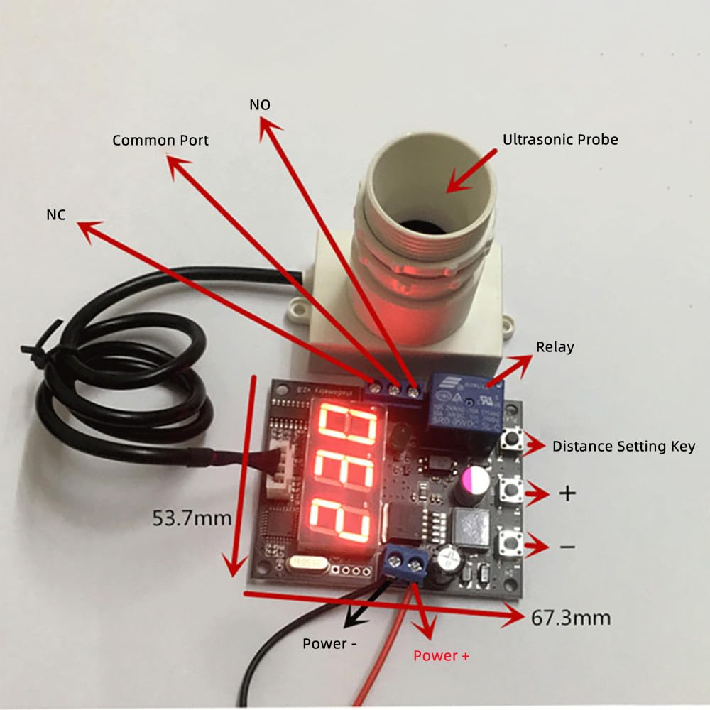 Toplionace Module de Télémétrie à Ultrasons Petit Angle 12V/24V avec Capteur Intégré pour la Sortie de Relais de Distance Réglable de Distance D'affichage (12V)