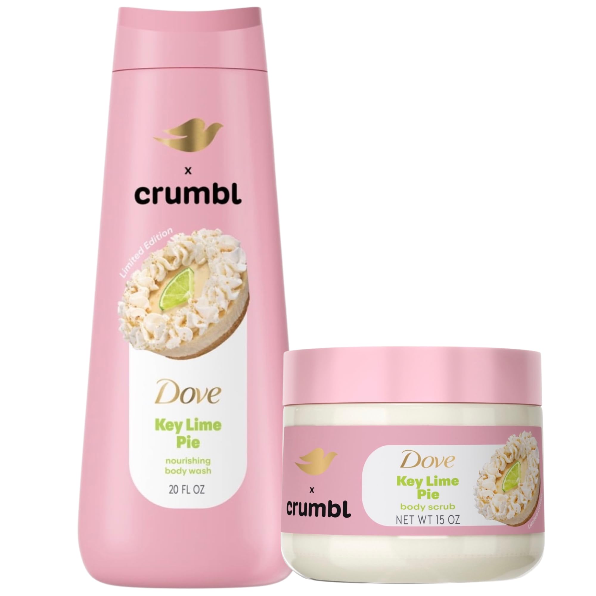Dove x crumbl Limited Edition Key Lime Pie Nourishing Body Wash, 20 fl oz and Body Scrub, 15 oz Set