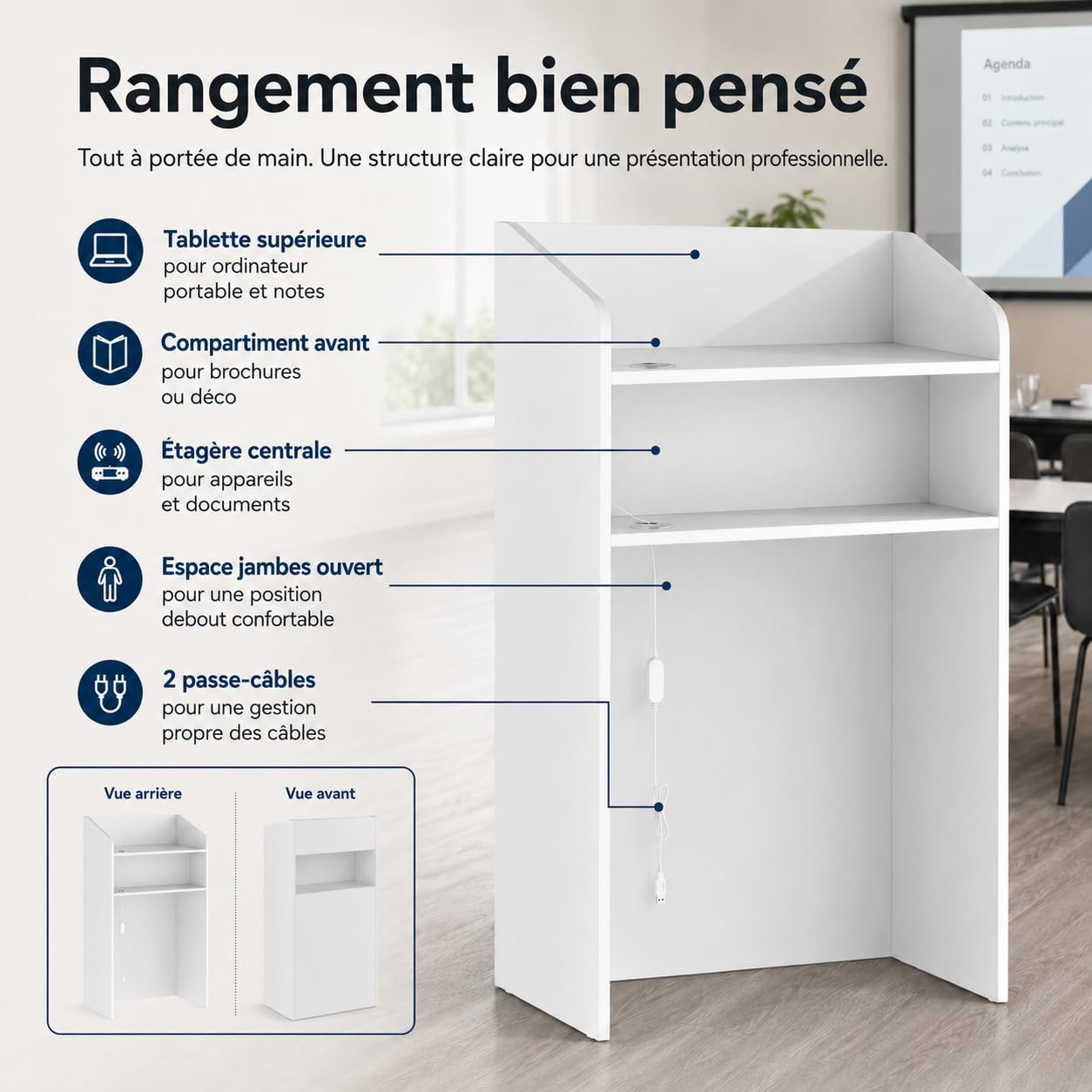 Comptoir de réception avec éclairage LED et étagère d'exposition, Table de Caisse avec 2 Compartiments de Rangement, Petit comptoir de réception pour Bureau, Magasin, Salon, 59 x 39 x 109 cm