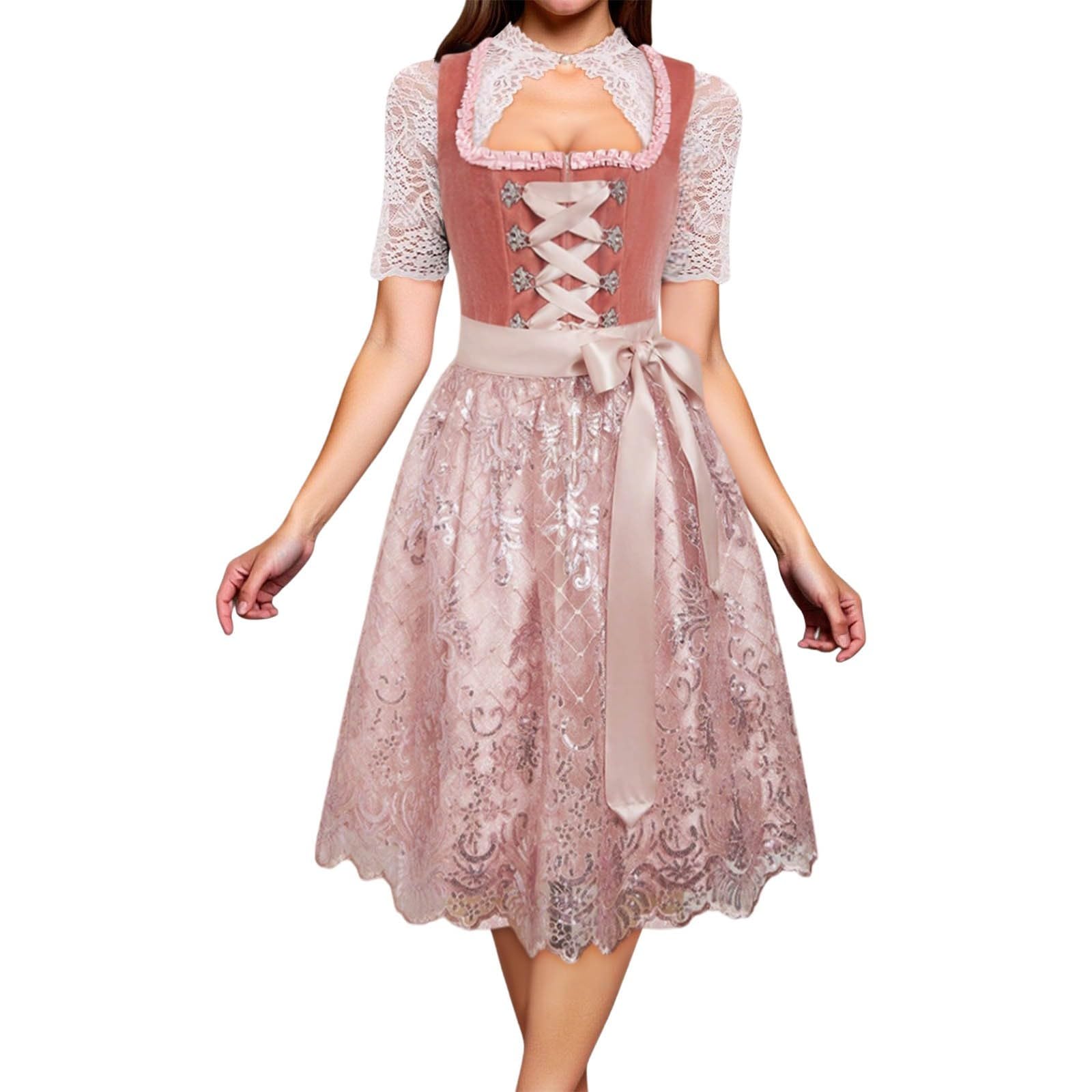 Dirndl Midi Damen Kleid Modern Oktoberfest Outfit Dindl Langes Lang Trachtenrock Mit Bluse Diensl Trachtenkleid Große Größen Stretch Grosse Grössen Samt 70 cm Dirndlschürze Spitze