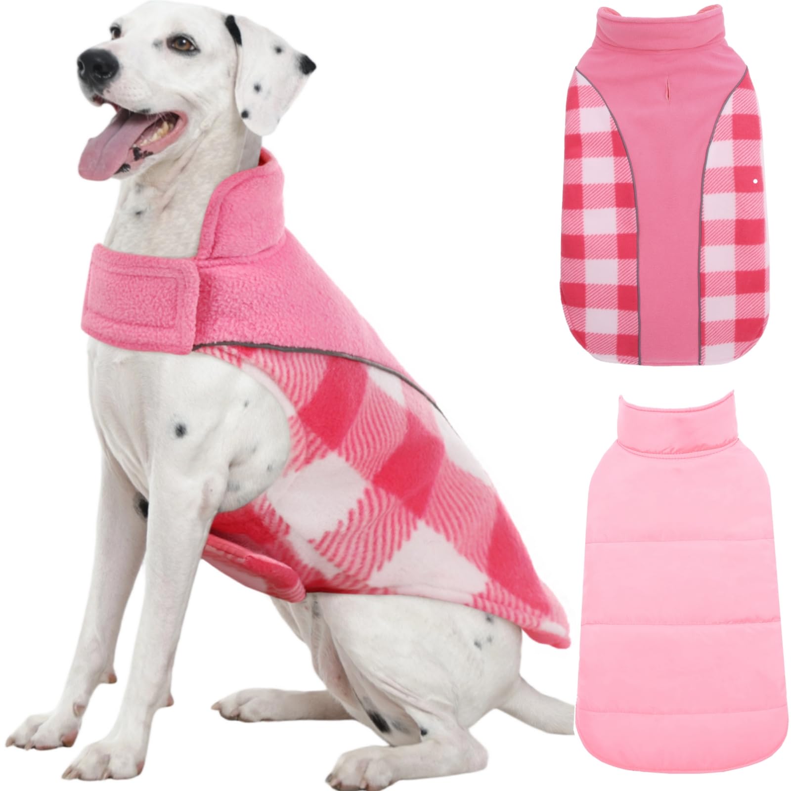 Kuoser Dog Winter Coat, Reversible Waterproof Dog Jacket with Reflective Strip, Warm Dogs Fleece Vest Adjustable Doggy Cold Weather Clothes Plaid