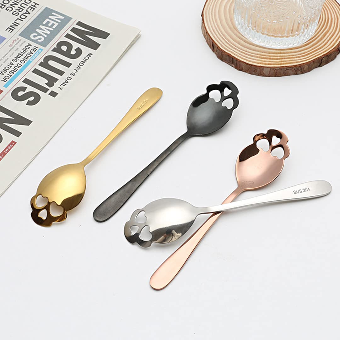 Wahdawn Set Di 4 Cucchiaini Da Caffè In Acciaio INOX 18/10 Con Teschio - Nero, Oro, Argento, Oro Rosa - 2