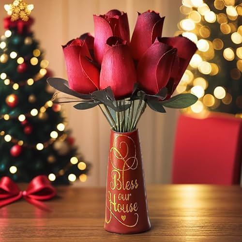 Miniatura 3 de Scented Red Rose Bouquet In Maroon Ceramic Vase With Quote Bless This House, WIth Fragrance Spray Artificial Flora 10 PCS Fake Flowers for Home