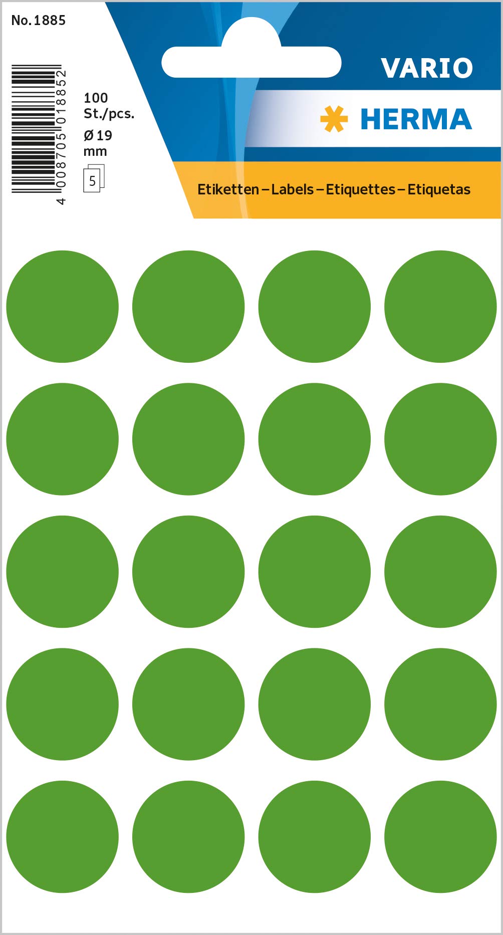 HERMA Dot Stickers Green, 100 Labels, Ø 19 mm, 20 Labels per Sheet, Self-Adhesive Round Colour Marking Dots, Sticky Circle Stickers for Color Coding Calendar