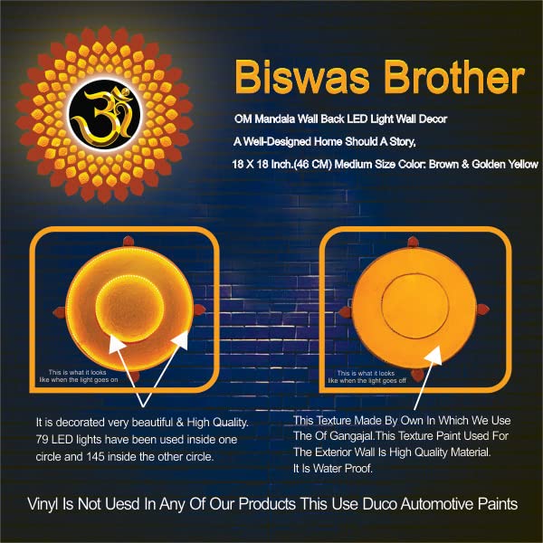 Biswas Brother OM Mandala Wall Back LED Light Wall Decor A well-designed Home Should A Story:18X18 inch.Centre on acrylic with vinyl, Color: Brown & Golden Yellow 4