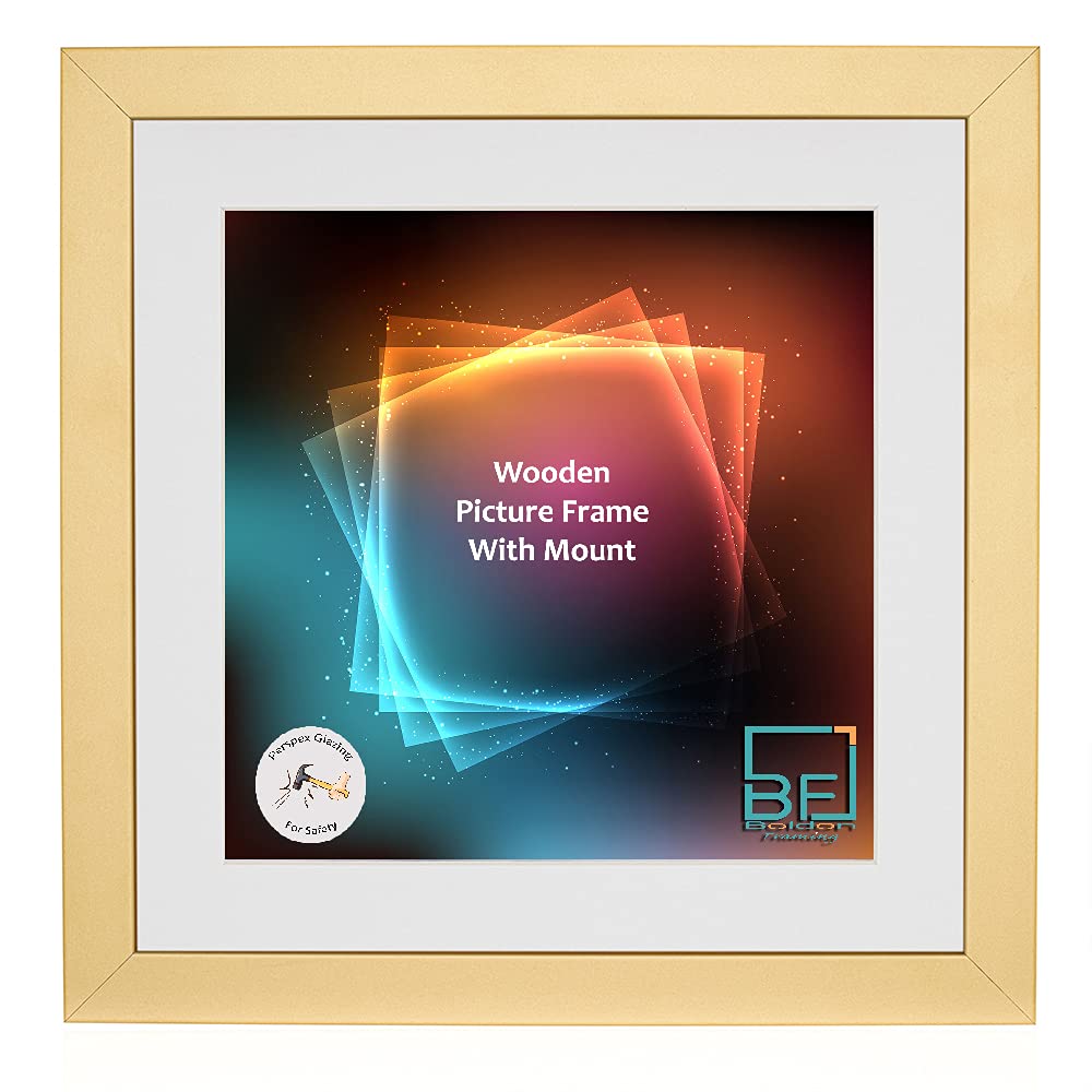 Boldon Framing - Gold, Square Thin Photo Frame in Solid Wood with White Wall Mount, 40x40cm- Pic Size 30x30cm Picture Display