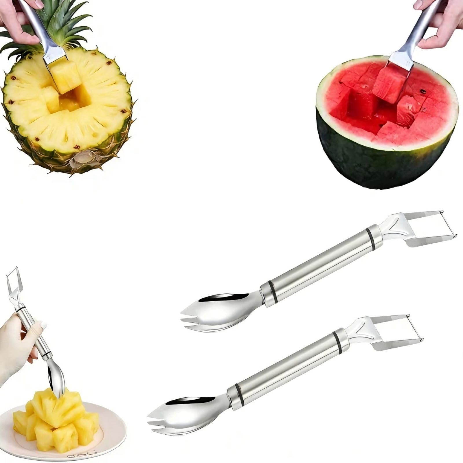 2-in-1 Melonenschneider Edelstahl, Melonenausstecher mit Portabilität Obst Gabel, Obstschneider für Wassermelonen Und Drachenfrucht, für Zuhause Küche Party Camping Gadget