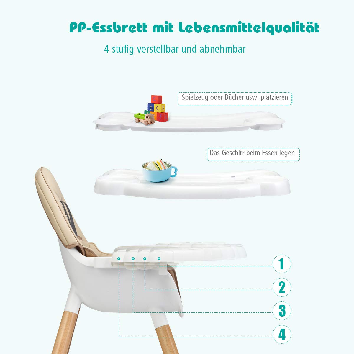 COSTWAY 4-in-1 Babyhoogstoel, hoge stoel & eetstoel & kinderstoel & kinderzitje, kinderhoogstoel in hoogte verstelbaar, babystoel, combihoogstoel met veiligheidsgordel en afneembaar dienblad (Khaki