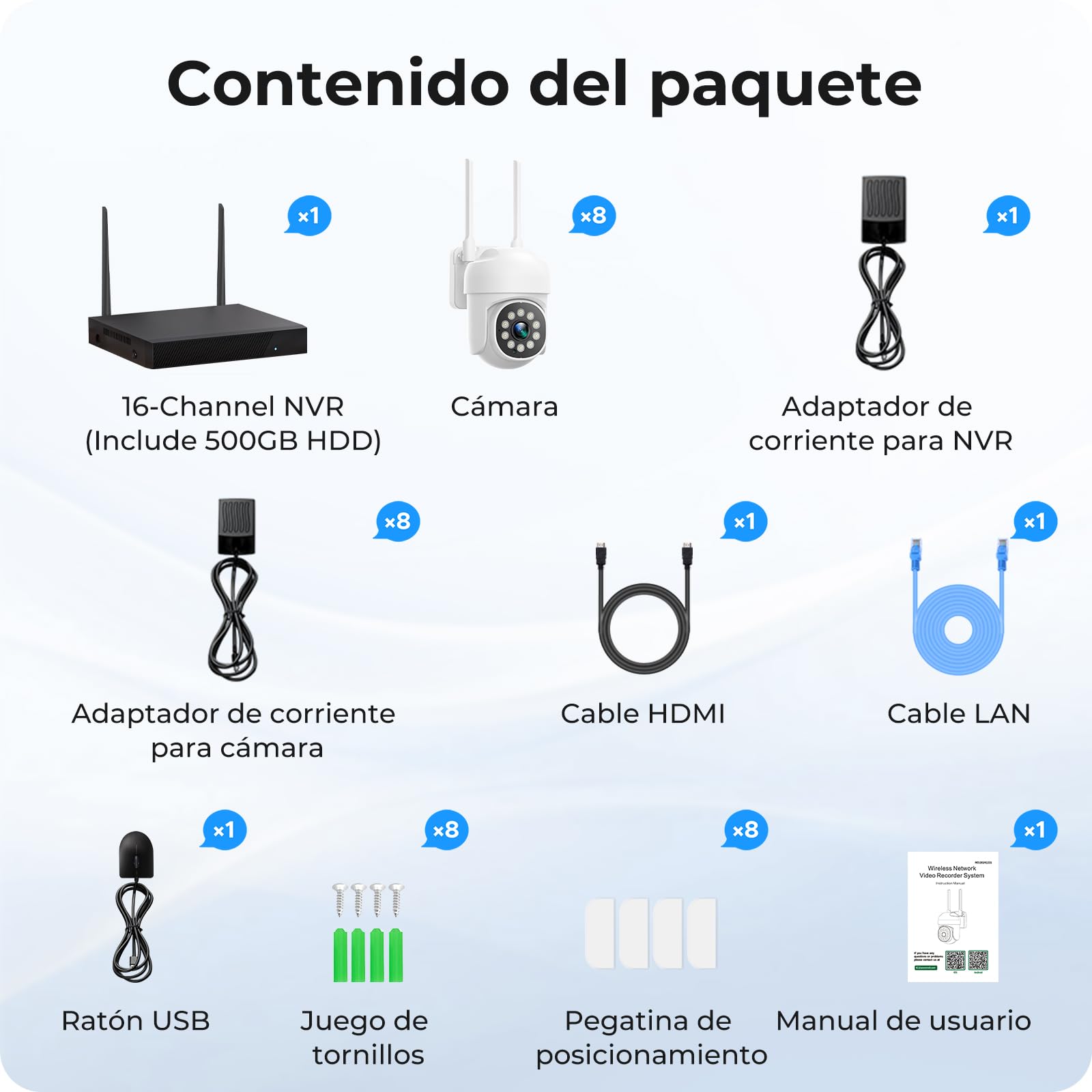 Camcamp Kit Camaras de vigilancia, 8X PTZ Cámara Vigilancia WiFi Exterior, Seguimiento Automático, Visión Nocturna en Color, Grabación 24/7, 16CH NVR con Memoria Local de 500 GB, Audio Bidireccional