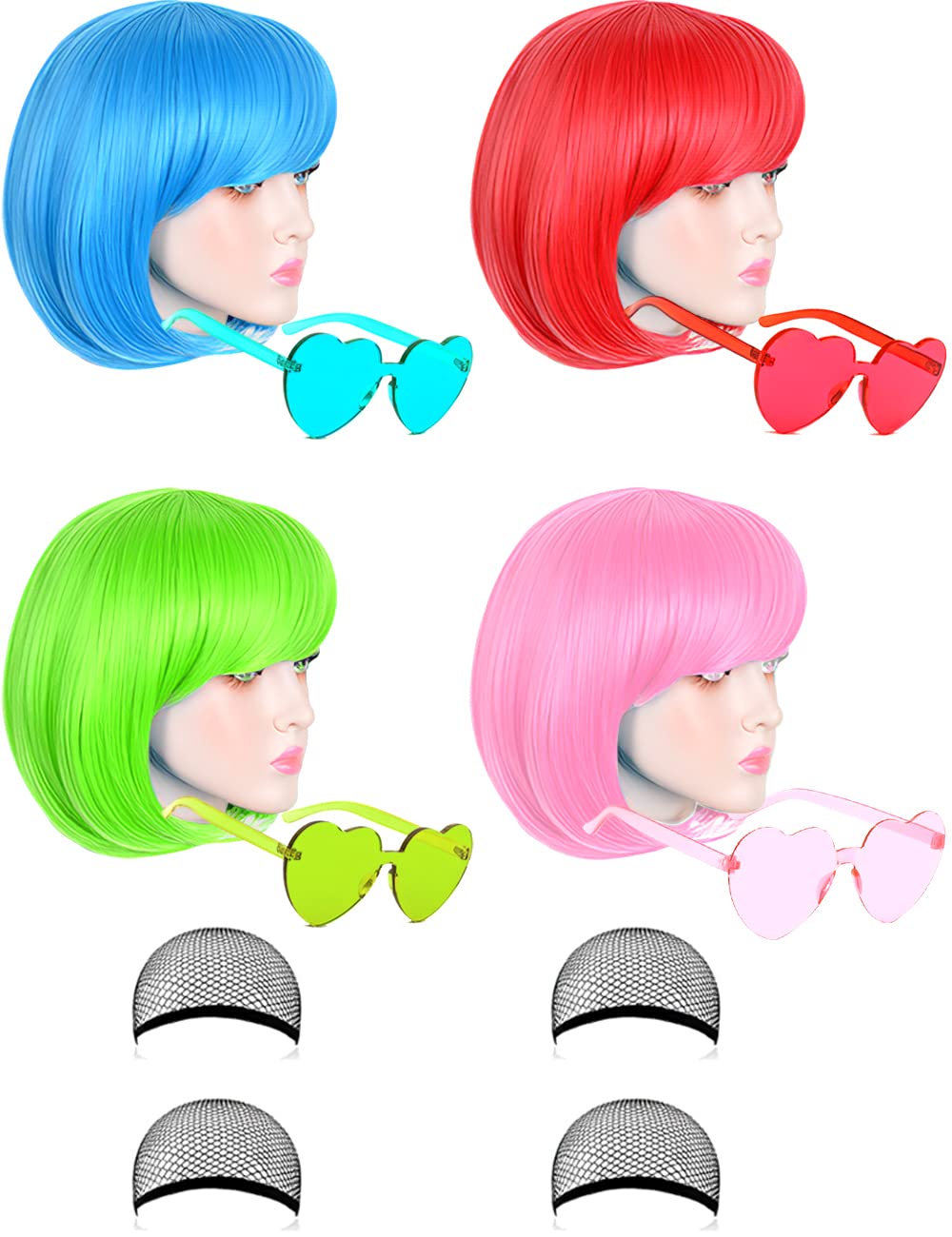 4 Pack Colored Wigs, Funky Colorful Wigs, Short Bob Hair