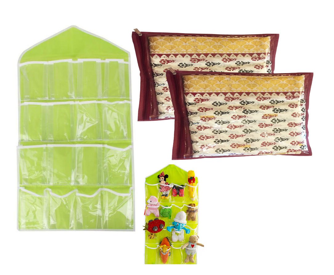 Multifunction Clear 16 Pockets Socks Shoe Toy Underwear Slippers Jewelry Sorting Storage Bag Door Wall Hanging Closet Organizer with Free 2 Sari Covers