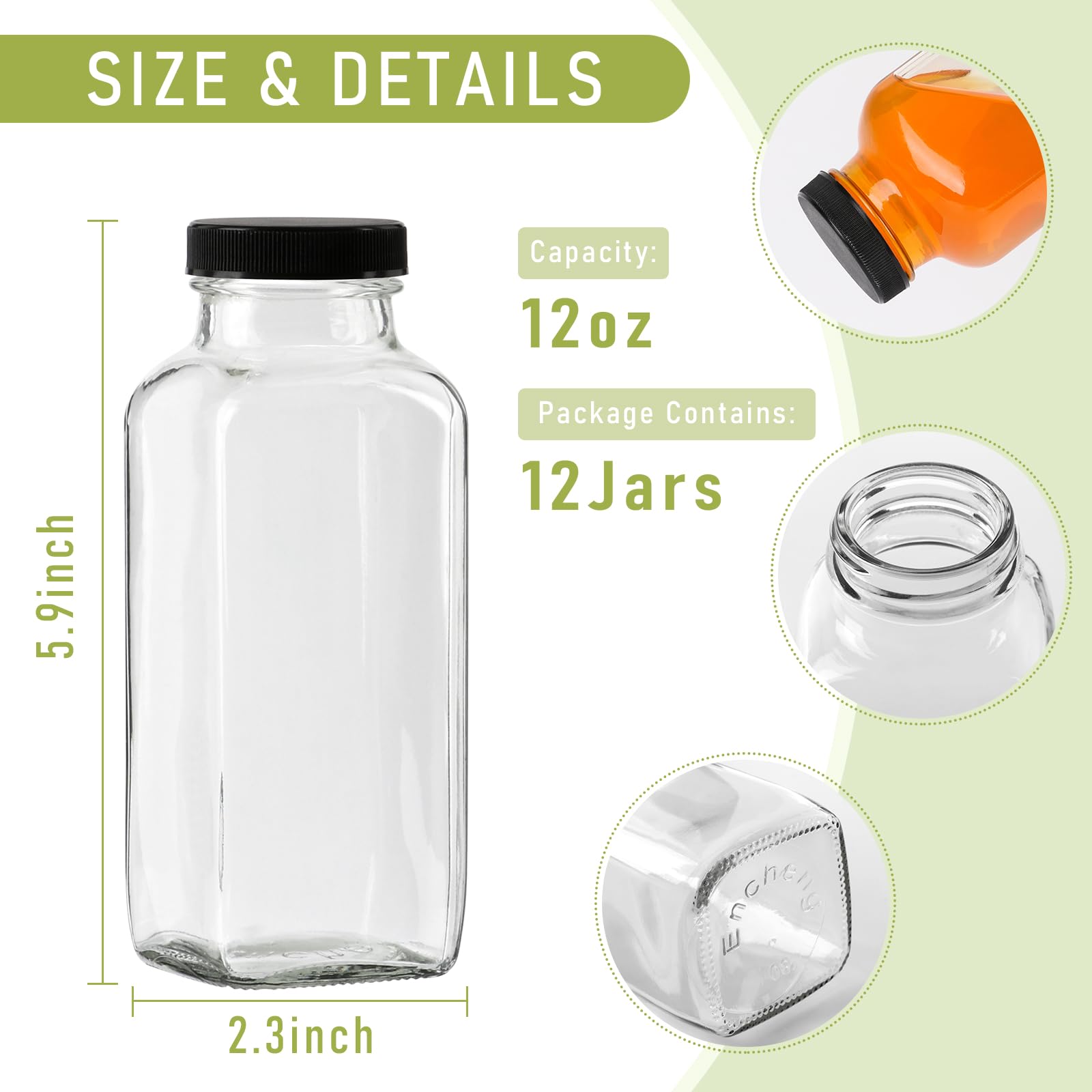 12 oz Glass Juice Bottles with Lids 12 Pack,Reusable Water Bottle,Juicing Bottles for Smoothies, Milk, Storage, Small and portable