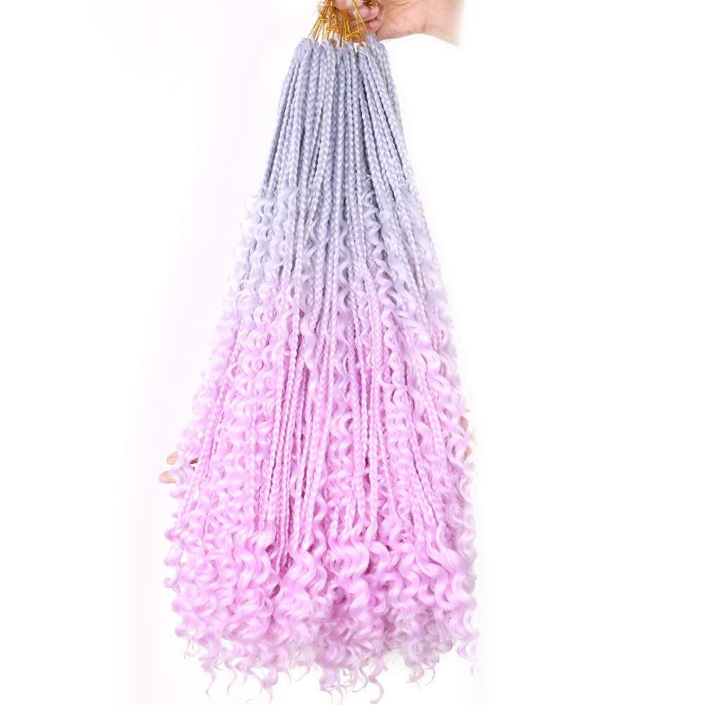 22 Inch Ombre Boho Box Braids Pre Looped Goddess Crochet Braids with Curly Ends 3 Packs Bohemian Braiding Hair Extensions for Women (Grey-Purple)
