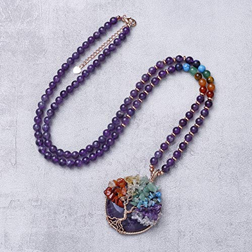 Image of Top Plaza 7 Chakra Healing Crystal Natural Round Gemstone Pendant Necklace Tree of Life Copper Wire Wrapped Beads Necklaces Reiki Jewelry for Women