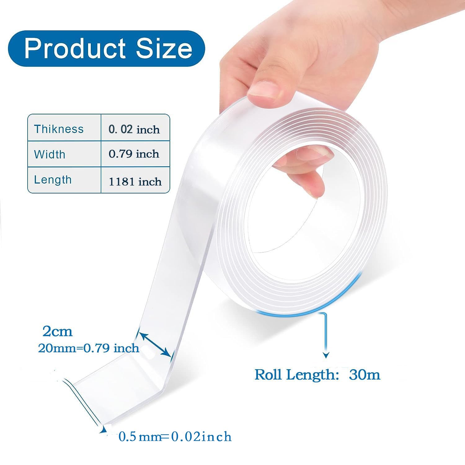 betensh 30m Double Sided Carpet Tape Heavy Duty Removable Reusable Traceless Transparent Strong Nano Mounting Tape for Carpet Photos Wall Posters Kitchen car - Image 2