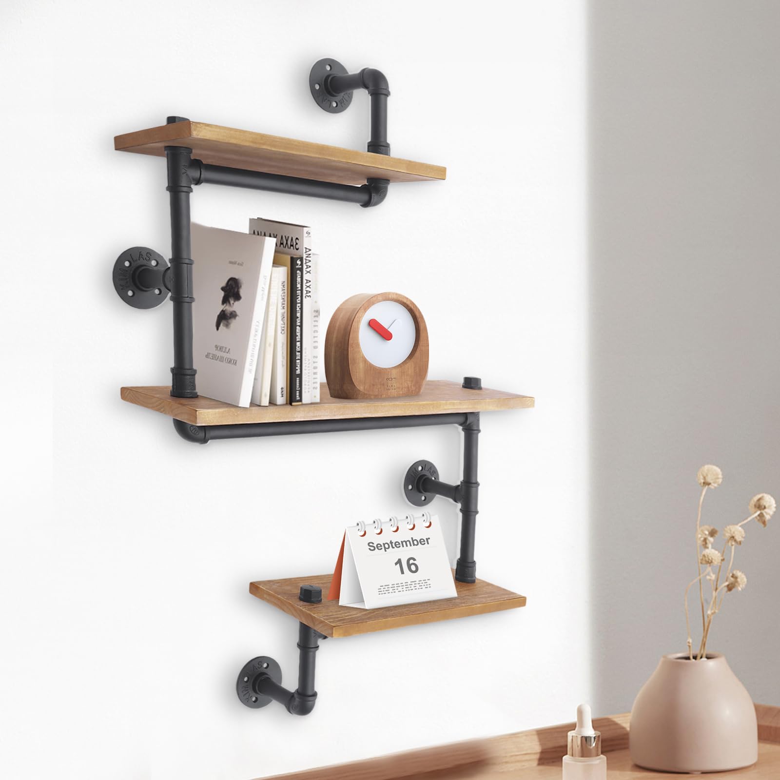 Regał ścienny, drewniany, metalowy, 3-poziomowy, do montażu na ścianie, przemysłowy design, regał kuchenny, regał na książki, do salonu, kuchni, biura