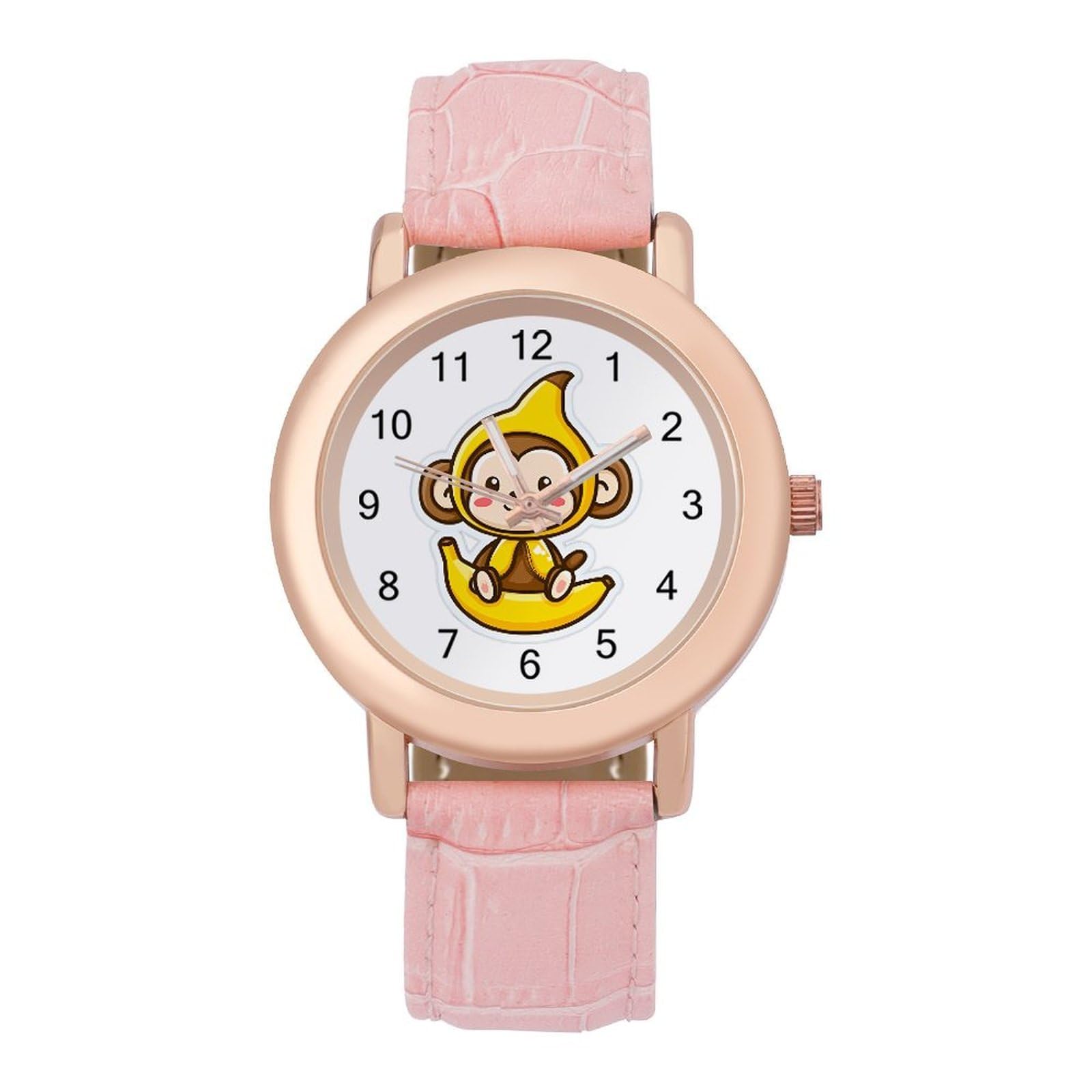 Banana Monkey Damen-Armbanduhr, leicht zu lesen, flexibel, mit drei Zeigern, rundes Gehäuse, Quarzuhr für kleine Handgelenke