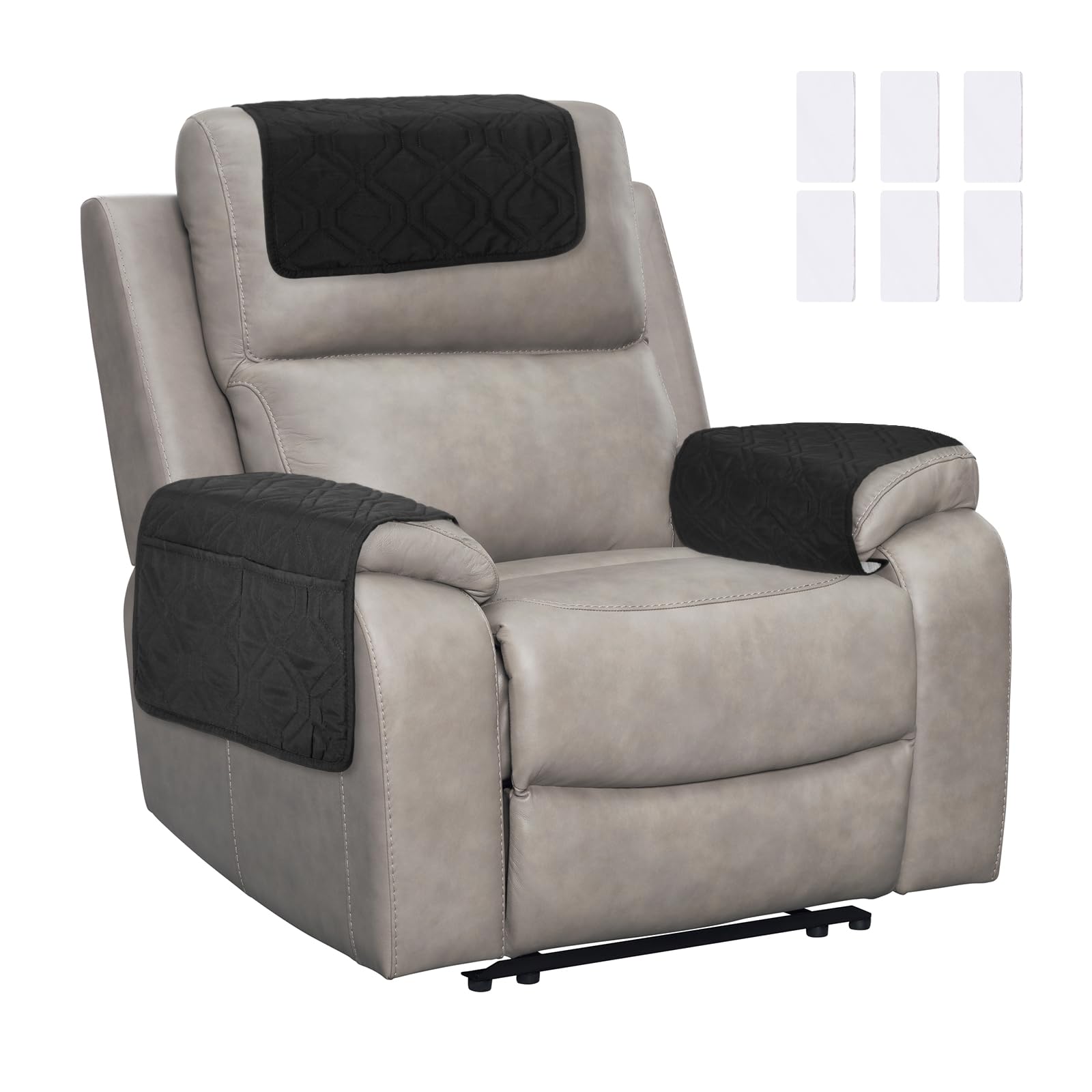 sourcing map 3Pcs Sofa Armrest Covers, Armchair Covers with Side Storage Pocket Waterproof Recliner Chair Protector Anti-Slip Couch Arm Headrest Furniture Protect for Home Living Room, Black