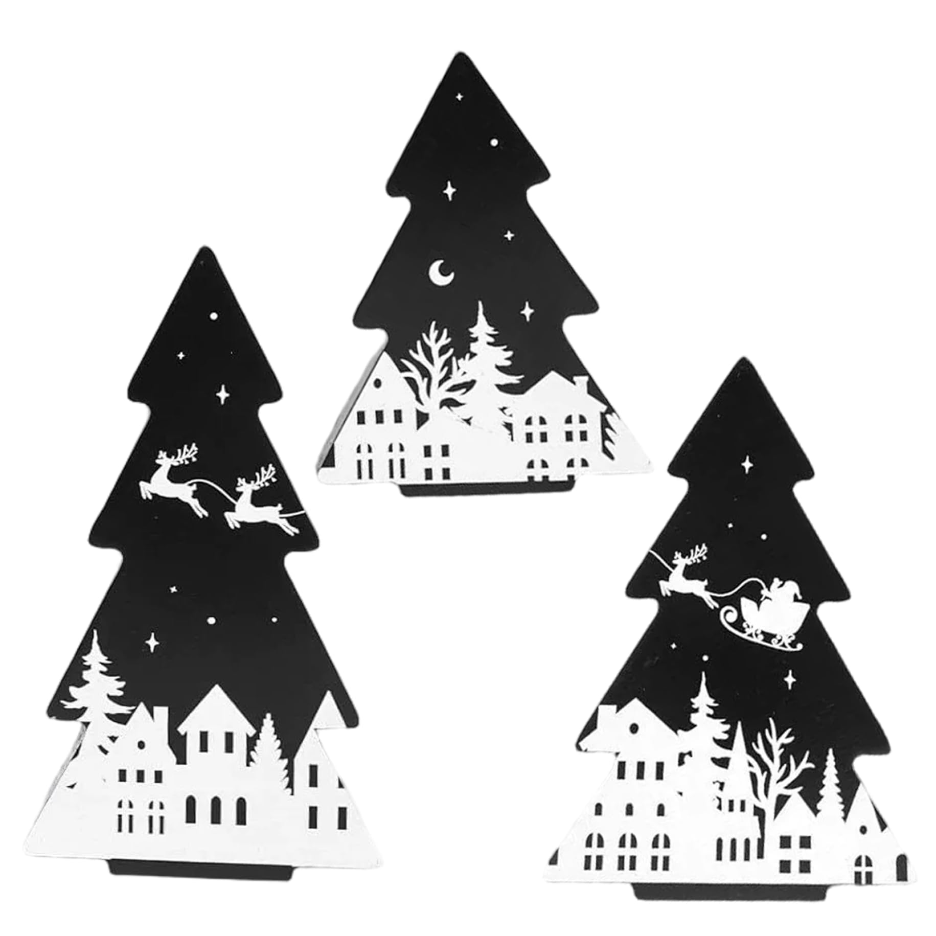 Hperu Assorted Color 3Pcs Wooden Christmas Tree Decor, Farmhouse Black And White Christmas Decorations Xmas Tree Ornaments Tiered Tray Decor For Home Tabletop Party