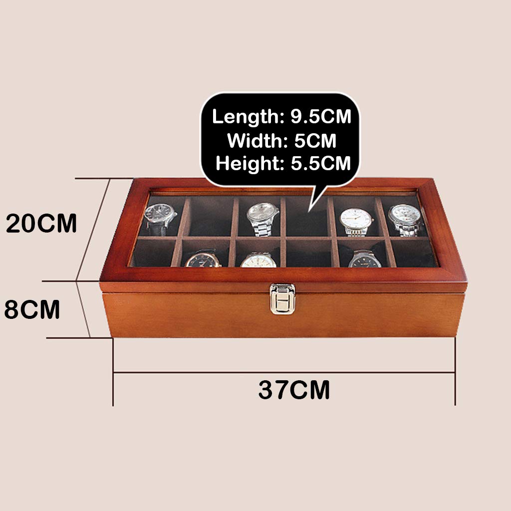 MUSUMI Cajas de almacenamiento para relojes, organizador de joyas de lujo, caja de exhibición de relojes de Madera, almacenamiento con 12 almohadas extraíbles para relojes y tapa de vidrio (Marrón)