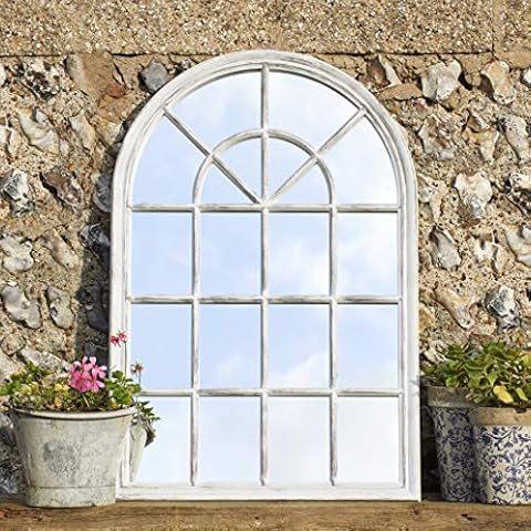 Creekwood Marseille Indoor/Outdoor Lightweight Arched Window Wall Mirror, White Brushed Grey, W65cm x H97cm x D3cm Cover