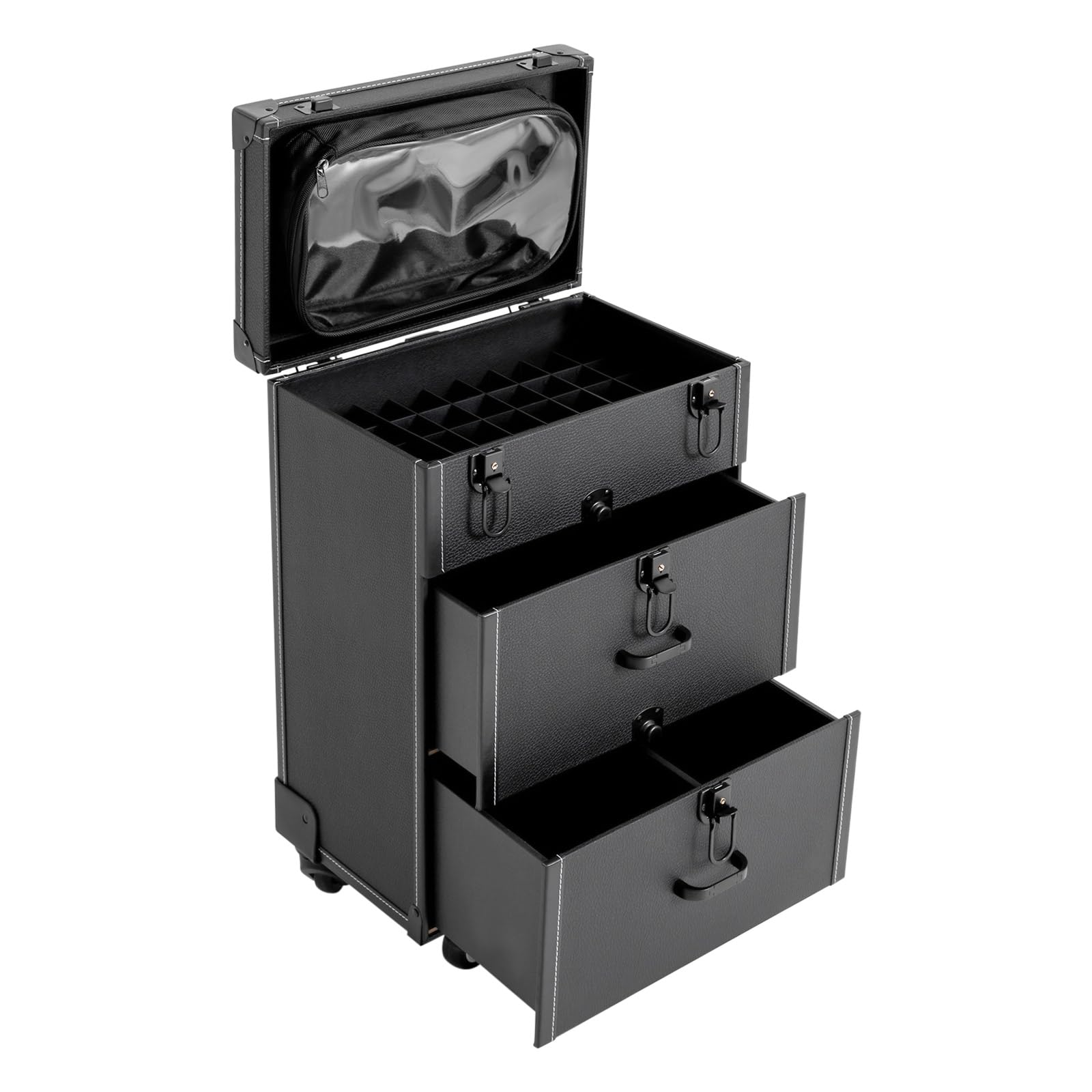 TOWOHIPPKI Makeup Train Case, Rolling Makeup Trolley Case, Nail Polish Organizer, Jewelry Travel Cosmetic Train Case w/ 4 Wheels & locks (Black)